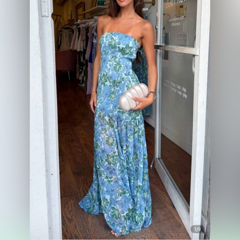 Floral Strapless Blue Maxi Dress